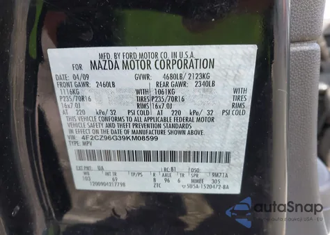 2009 Mazda Tribute S Grand Touring from USA, damaged, VIN 4F2CZ96G39KM08599